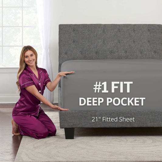 Fitted Sheets Queen Size – Queen Fitted Sheet Only Deep Pocket – Soft 21” Extra Deep Pocket Queen Fitted Sheets Fit Perfectly 17”–23” Deep Mattress & Toppers – 1 Bottom Sheet Grey Fitted Sheet Queen